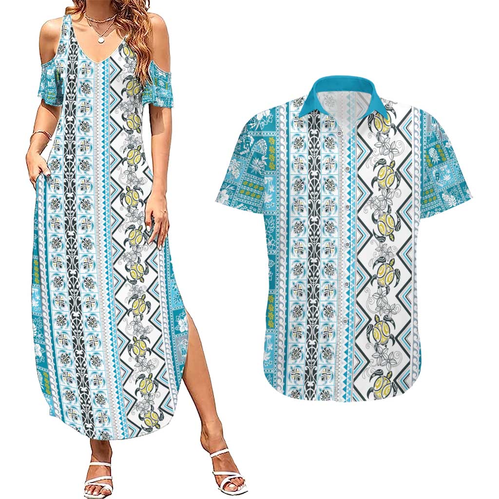 Hawaii Makahiki Turtle Couples Matching Summer Maxi Dress and Hawaiian Shirt Blue Tapa Pattern - Polynesian Pride
