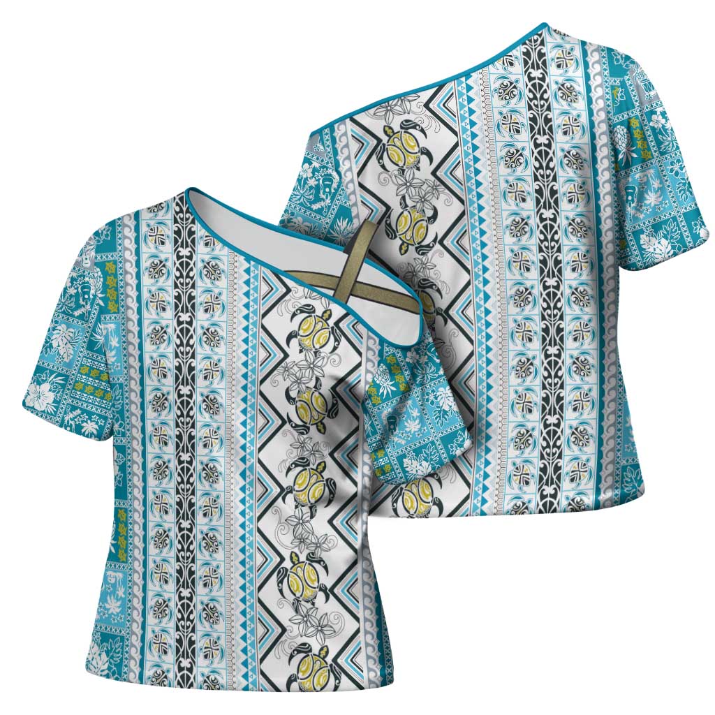 Hawaii Makahiki Turtle Cross Shoulder Shirt Blue Tapa Pattern - Polynesian Pride