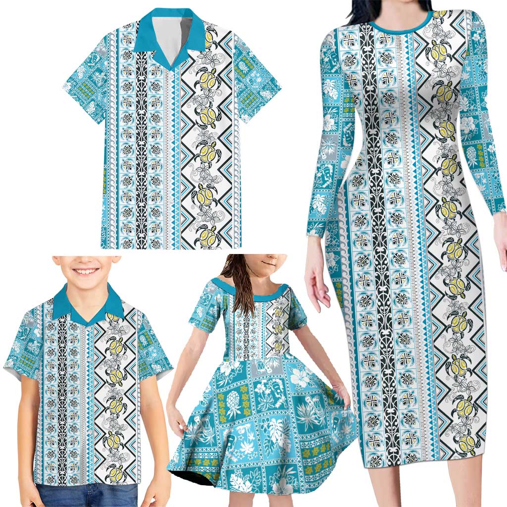 Hawaii Makahiki Turtle Family Matching Long Sleeve Bodycon Dress and Hawaiian Shirt Blue Tapa Pattern - Polynesian Pride