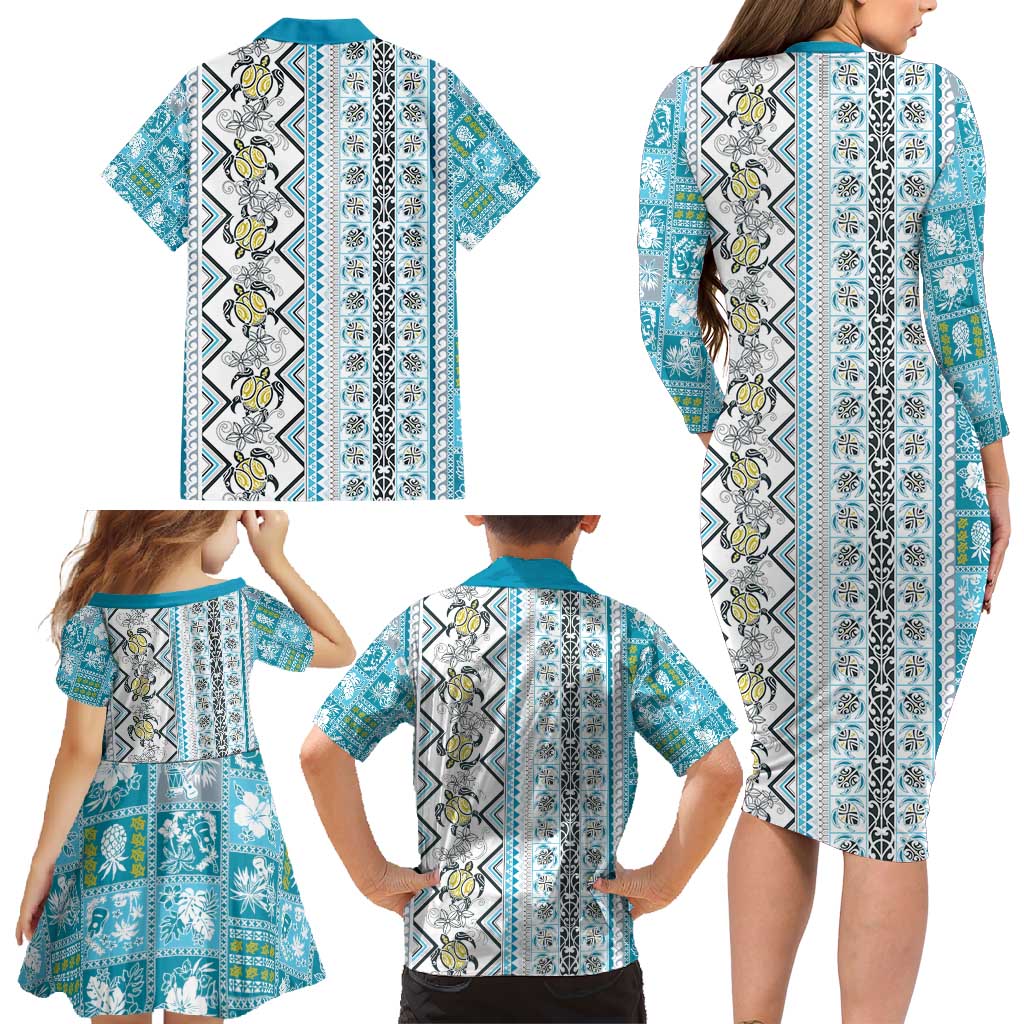 Hawaii Makahiki Turtle Family Matching Long Sleeve Bodycon Dress and Hawaiian Shirt Blue Tapa Pattern - Polynesian Pride