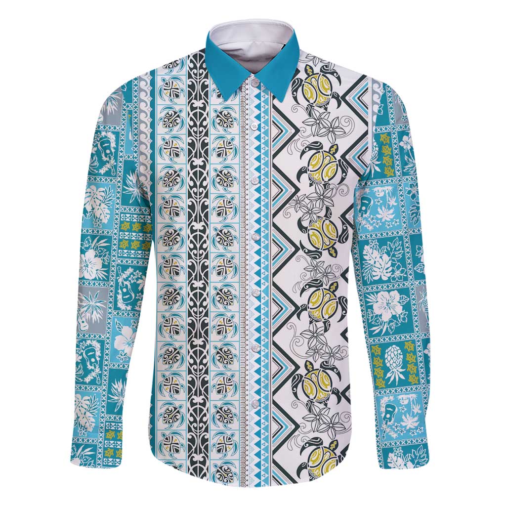 Hawaii Makahiki Turtle Family Matching Long Sleeve Bodycon Dress and Hawaiian Shirt Blue Tapa Pattern - Polynesian Pride