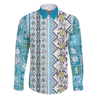 Hawaii Makahiki Turtle Family Matching Long Sleeve Bodycon Dress and Hawaiian Shirt Blue Tapa Pattern - Polynesian Pride