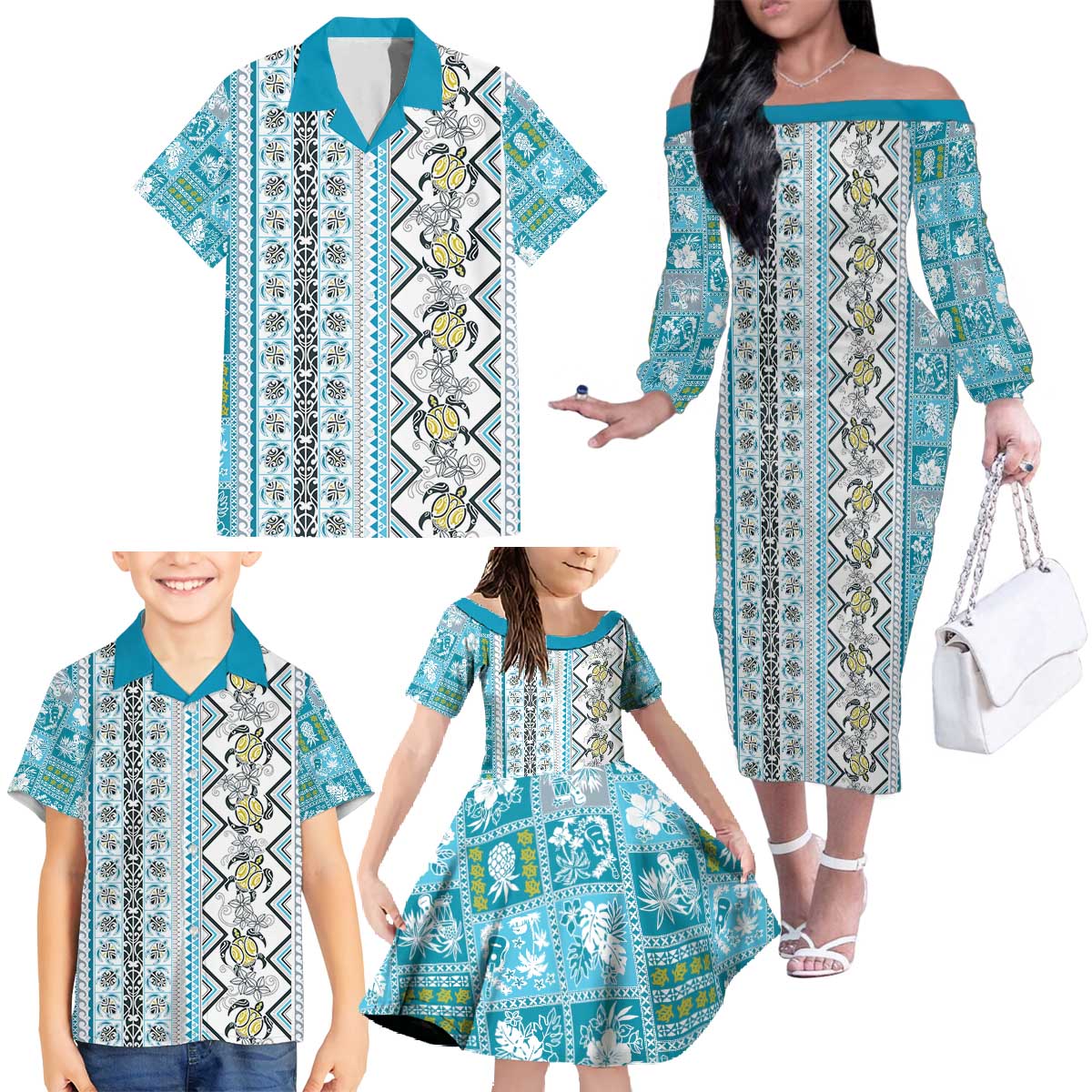 Hawaii Makahiki Turtle Family Matching Off The Shoulder Long Sleeve Dress and Hawaiian Shirt Blue Tapa Pattern - Polynesian Pride