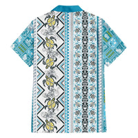 Hawaii Makahiki Turtle Family Matching Off The Shoulder Long Sleeve Dress and Hawaiian Shirt Blue Tapa Pattern - Polynesian Pride