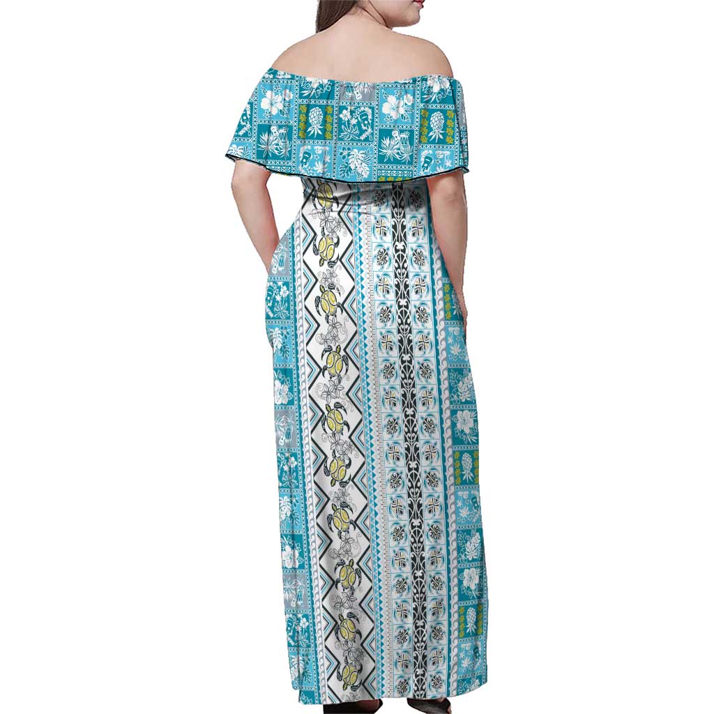 Hawaii Makahiki Turtle Family Matching Off Shoulder Maxi Dress and Hawaiian Shirt Blue Tapa Pattern - Polynesian Pride