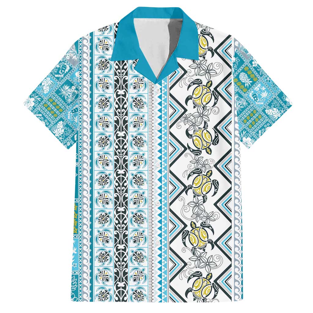 Hawaii Makahiki Turtle Family Matching Off Shoulder Short Dress and Hawaiian Shirt Blue Tapa Pattern - Polynesian Pride