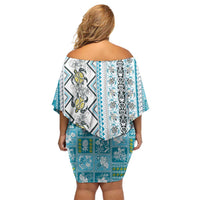 Hawaii Makahiki Turtle Family Matching Off Shoulder Short Dress and Hawaiian Shirt Blue Tapa Pattern - Polynesian Pride