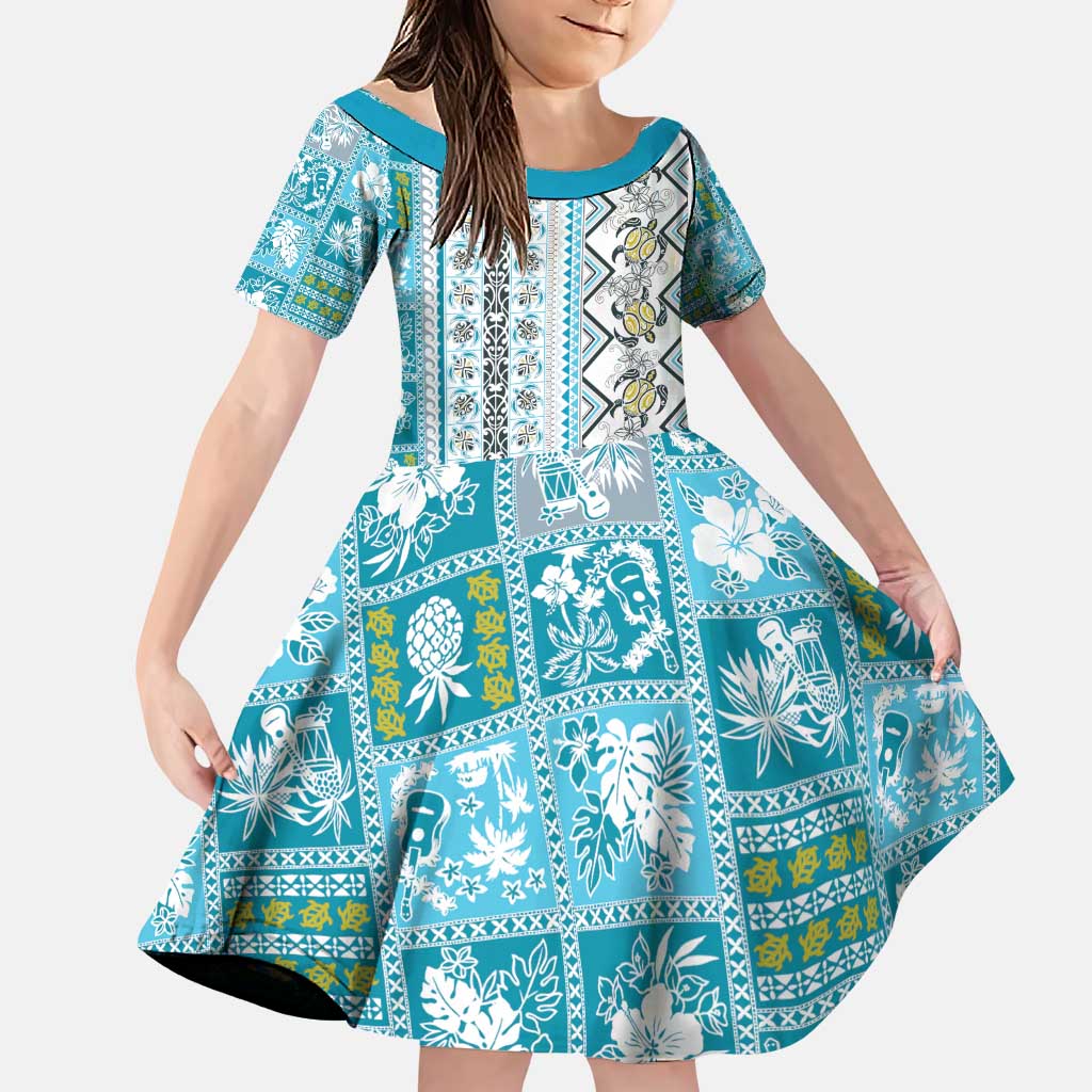 Hawaii Makahiki Turtle Family Matching Puletasi and Hawaiian Shirt Blue Tapa Pattern LT05 Daughter's Dress Blue - Polynesian Pride