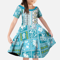 Hawaii Makahiki Turtle Family Matching Puletasi and Hawaiian Shirt Blue Tapa Pattern LT05 Daughter's Dress Blue - Polynesian Pride
