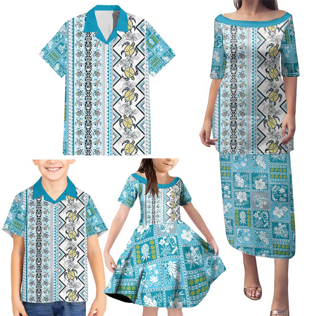Hawaii Makahiki Turtle Family Matching Puletasi and Hawaiian Shirt Blue Tapa Pattern LT05 - Polynesian Pride