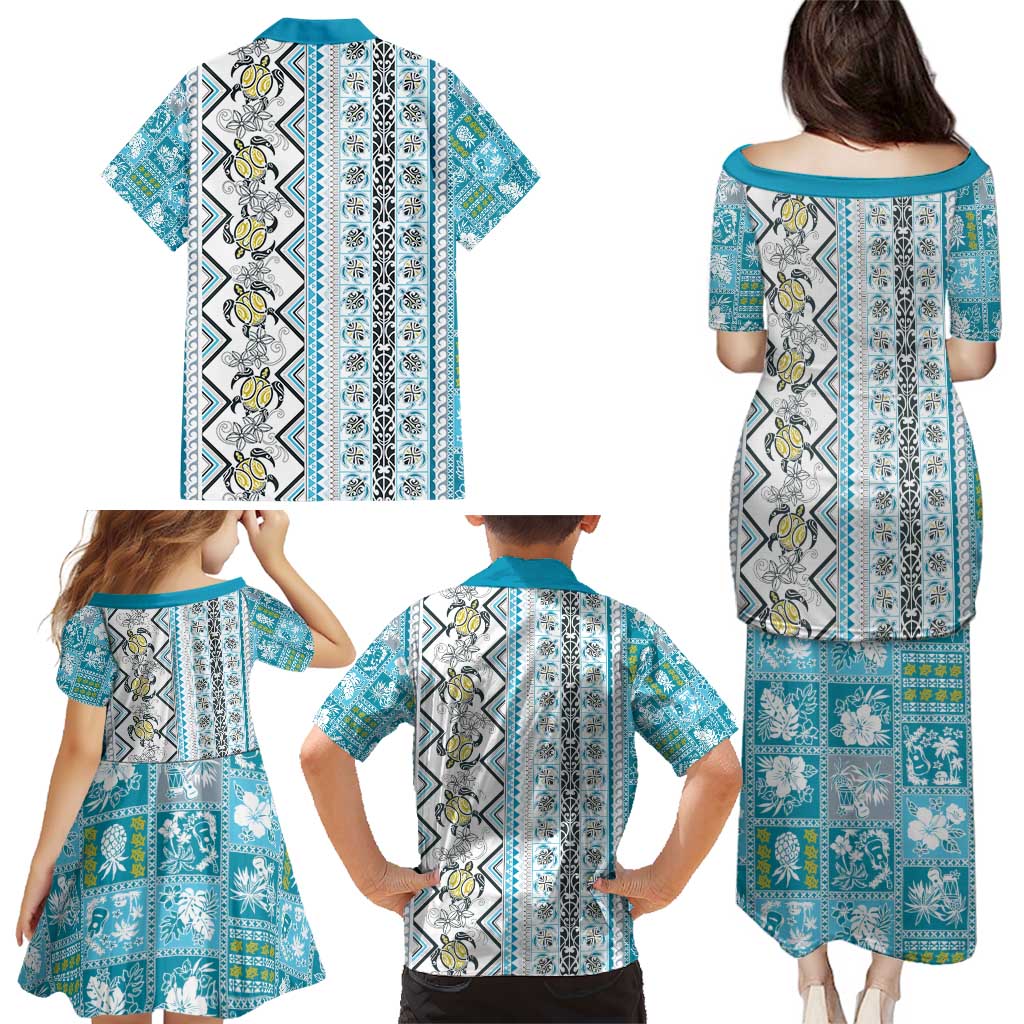 Hawaii Makahiki Turtle Family Matching Puletasi and Hawaiian Shirt Blue Tapa Pattern LT05 - Polynesian Pride