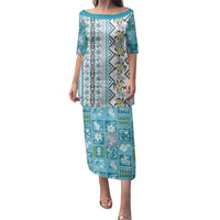 Hawaii Makahiki Turtle Family Matching Puletasi and Hawaiian Shirt Blue Tapa Pattern LT05 Mom's Dress Blue - Polynesian Pride
