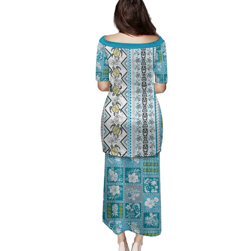 Hawaii Makahiki Turtle Family Matching Puletasi and Hawaiian Shirt Blue Tapa Pattern LT05 - Polynesian Pride