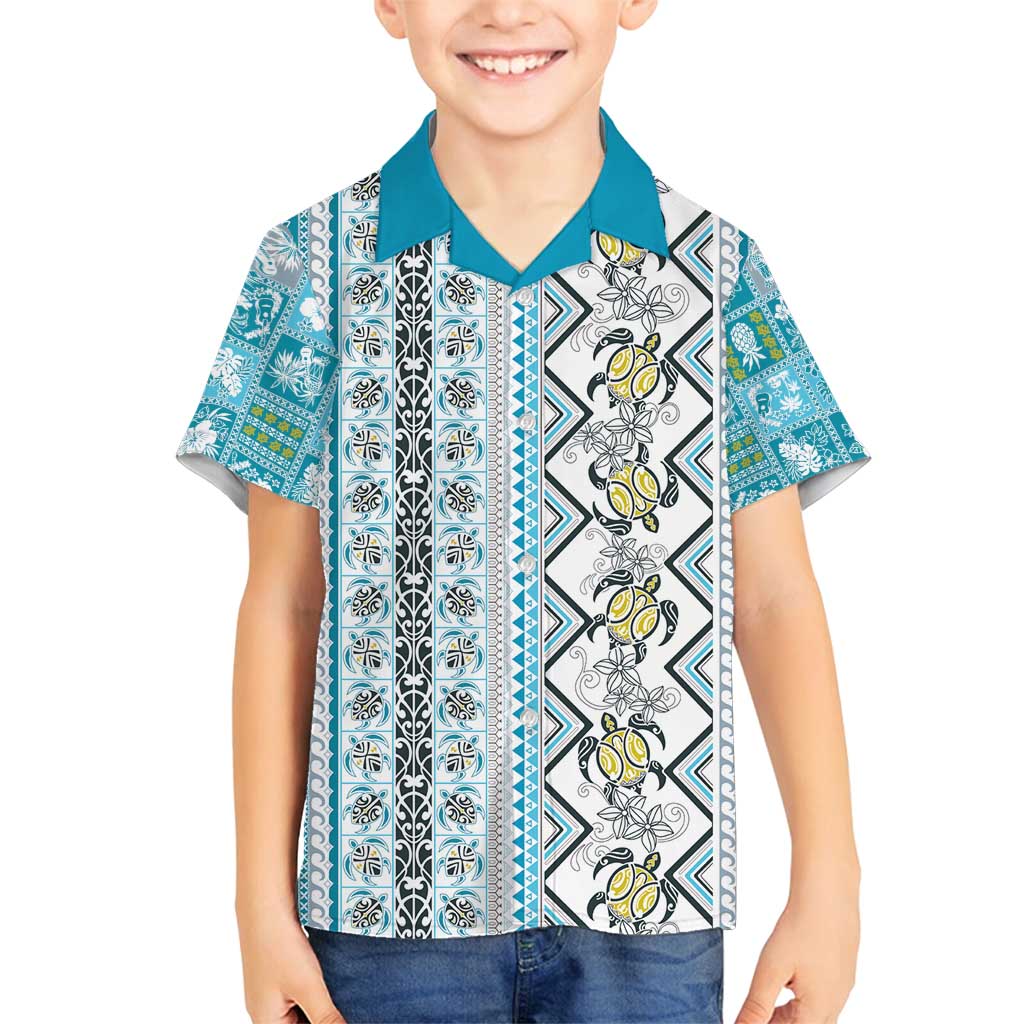 Hawaii Makahiki Turtle Family Matching Puletasi and Hawaiian Shirt Blue Tapa Pattern LT05 Son's Shirt Blue - Polynesian Pride