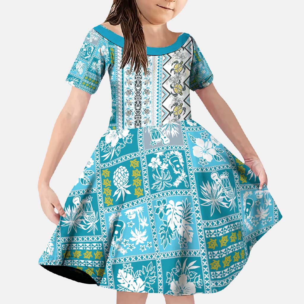 Hawaii Makahiki Turtle Family Matching Short Sleeve Bodycon Dress and Hawaiian Shirt Blue Tapa Pattern - Polynesian Pride