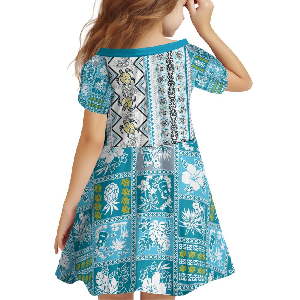 Hawaii Makahiki Turtle Family Matching Short Sleeve Bodycon Dress and Hawaiian Shirt Blue Tapa Pattern - Polynesian Pride
