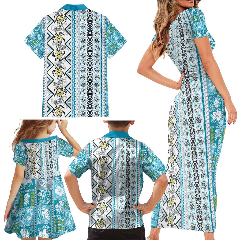 Hawaii Makahiki Turtle Family Matching Short Sleeve Bodycon Dress and Hawaiian Shirt Blue Tapa Pattern - Polynesian Pride