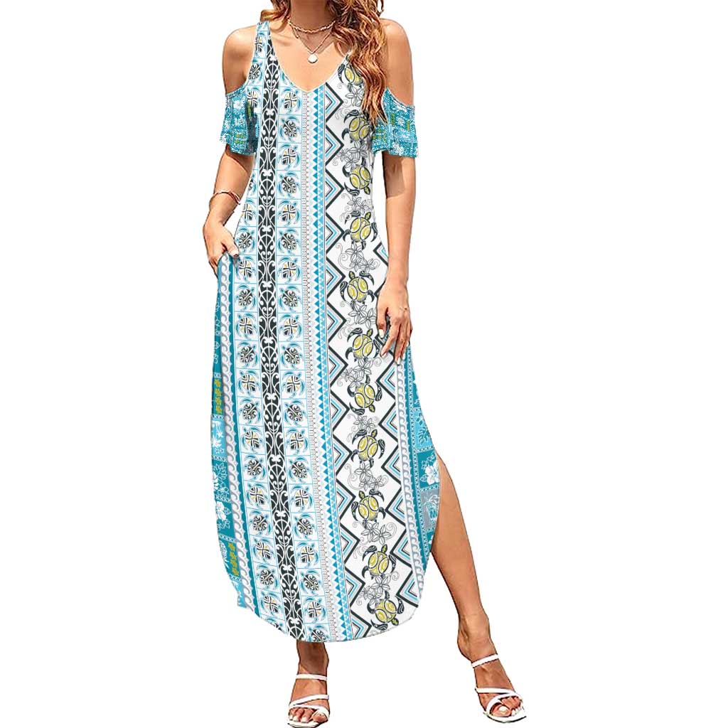 Hawaii Makahiki Turtle Family Matching Summer Maxi Dress and Hawaiian Shirt Blue Tapa Pattern - Polynesian Pride