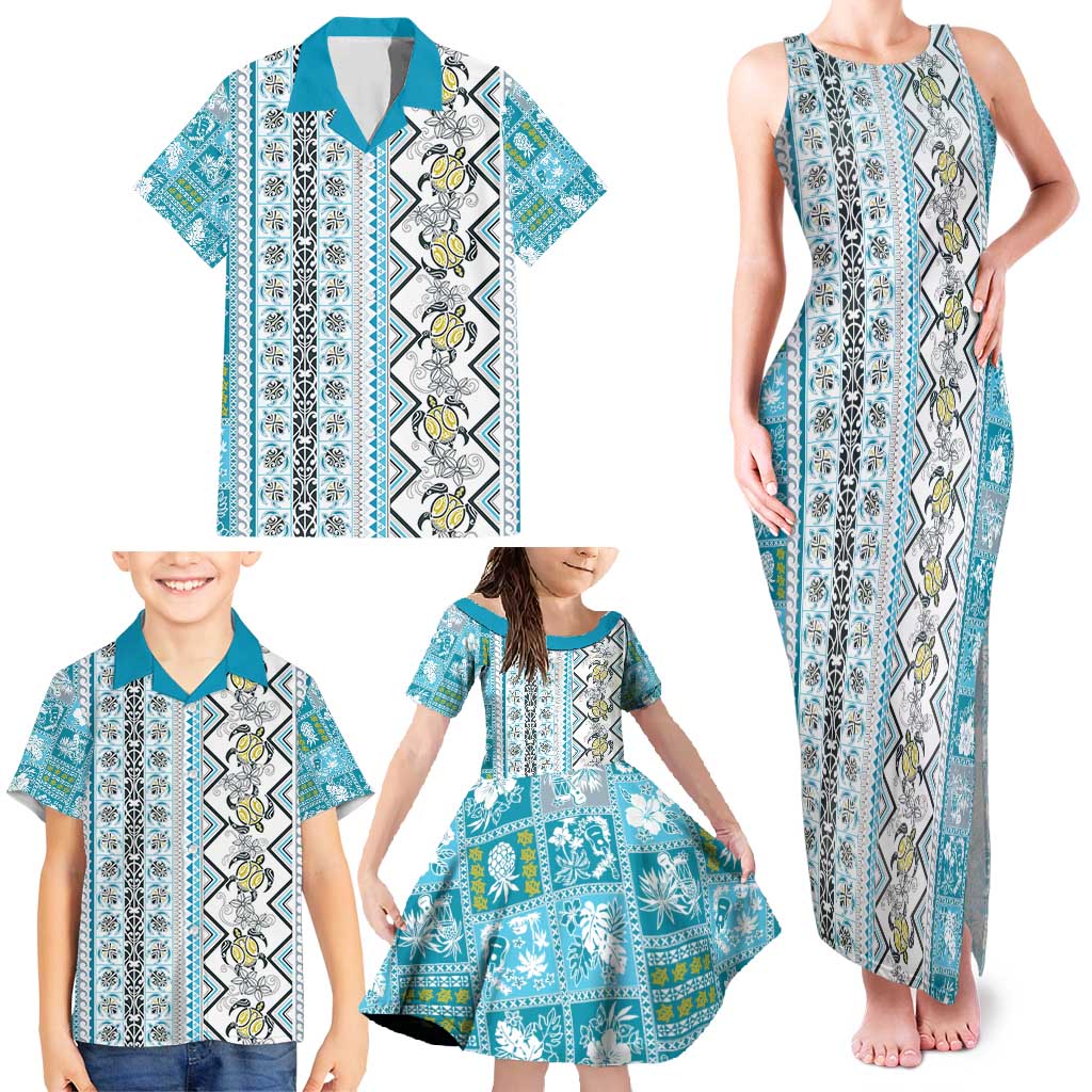 Hawaii Makahiki Turtle Family Matching Tank Maxi Dress and Hawaiian Shirt Blue Tapa Pattern - Polynesian Pride
