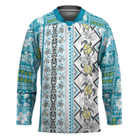 Hawaii Makahiki Turtle Hockey Jersey Blue Tapa Pattern - Polynesian Pride