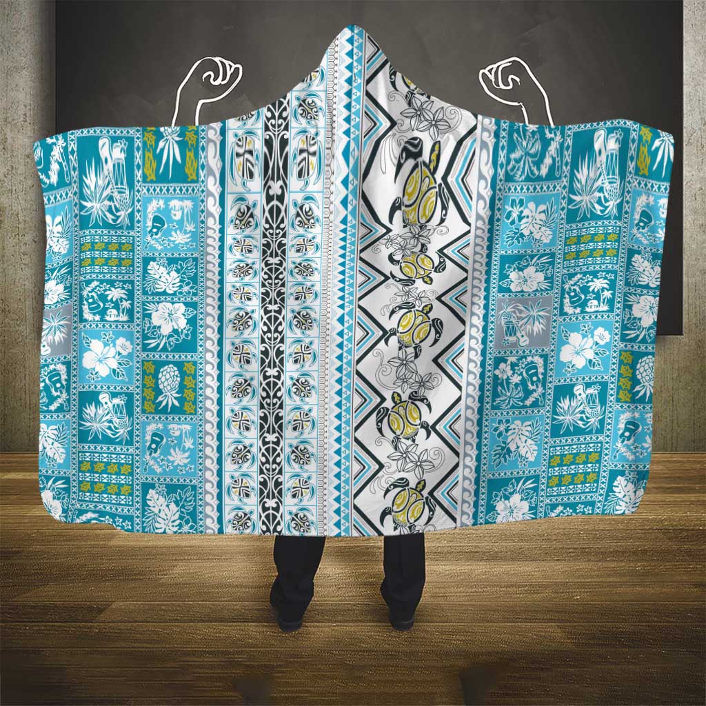 Hawaii Makahiki Turtle Hooded Blanket Blue Tapa Pattern - Polynesian Pride