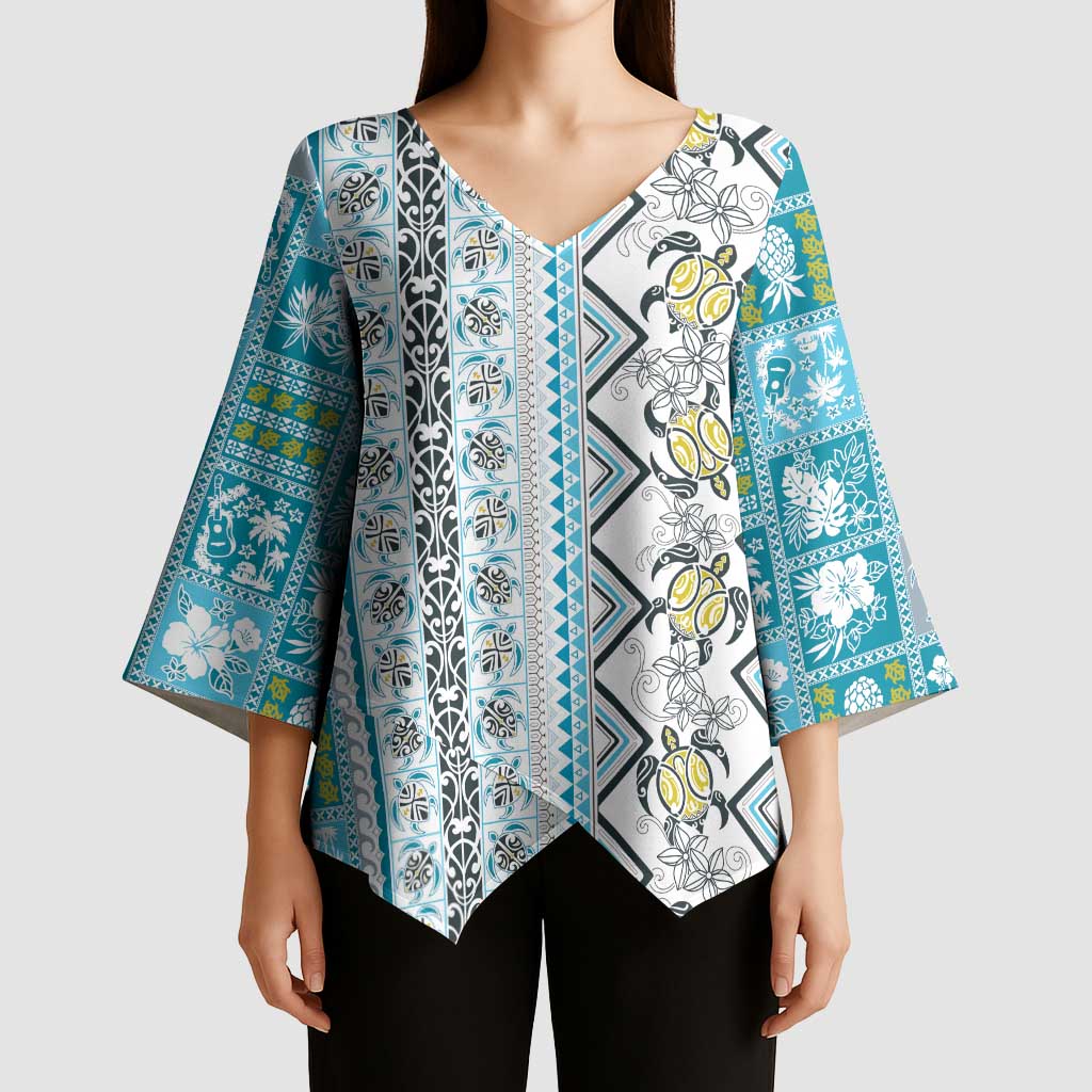 Hawaii Makahiki Turtle Kimono Sleeve Blouse Blue Tapa Pattern - Polynesian Pride