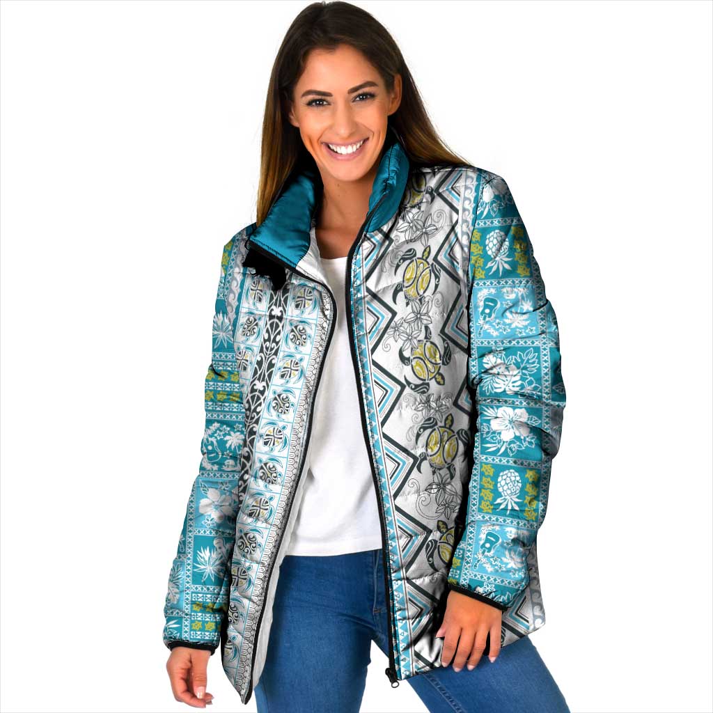 Hawaii Makahiki Turtle Padded Jacket Blue Tapa Pattern - Polynesian Pride