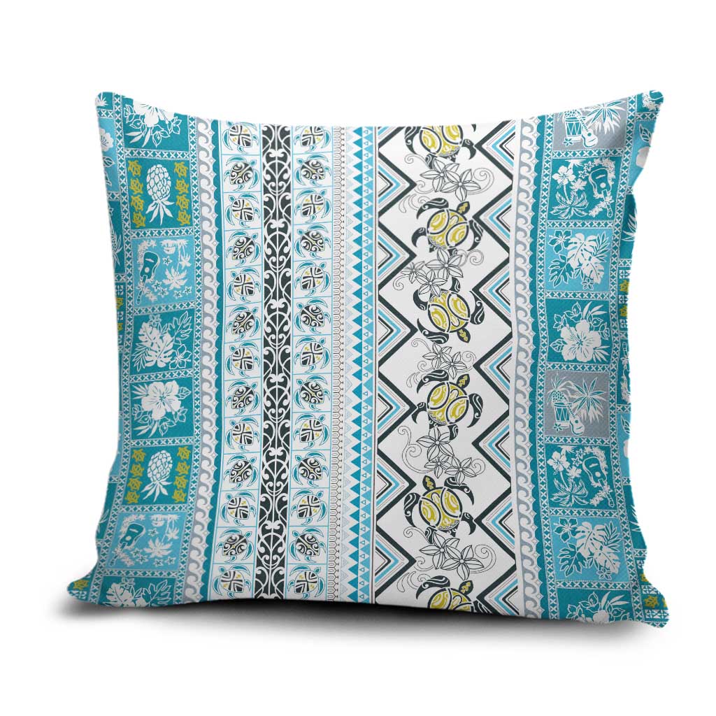 Hawaii Makahiki Turtle Pillow Cover Blue Tapa Pattern - Polynesian Pride