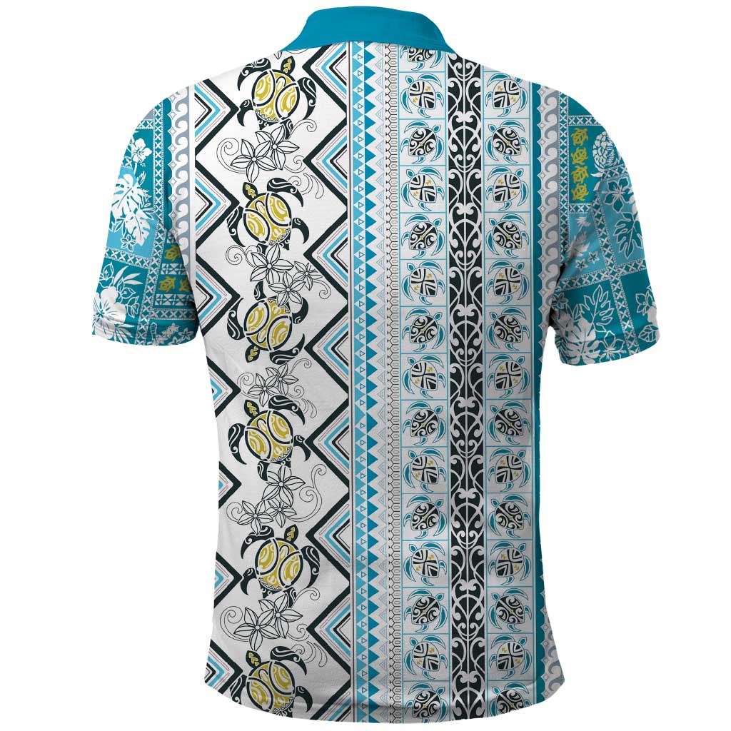 Hawaii Makahiki Turtle Polo Shirt Blue Tapa Pattern - Polynesian Pride