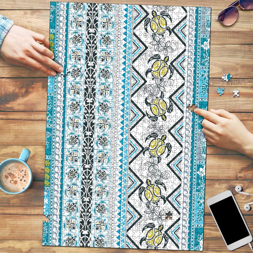 Hawaii Makahiki Turtle Puzzle Blue Tapa Pattern - Polynesian Pride