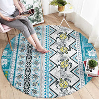 Hawaii Makahiki Turtle Round Carpet Blue Tapa Pattern - Polynesian Pride