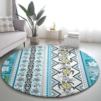 Hawaii Makahiki Turtle Round Carpet Blue Tapa Pattern - Polynesian Pride