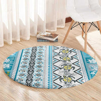 Hawaii Makahiki Turtle Round Carpet Blue Tapa Pattern - Polynesian Pride