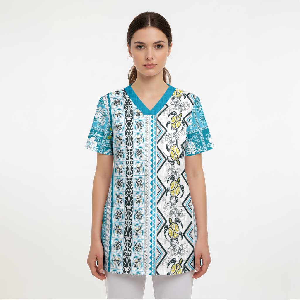 Hawaii Makahiki Turtle Scrub Top Blue Tapa Pattern - Polynesian Pride