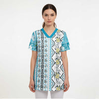 Hawaii Makahiki Turtle Scrub Top Blue Tapa Pattern - Polynesian Pride
