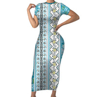 Hawaii Makahiki Turtle Short Sleeve Bodycon Dress Blue Tapa Pattern - Polynesian Pride