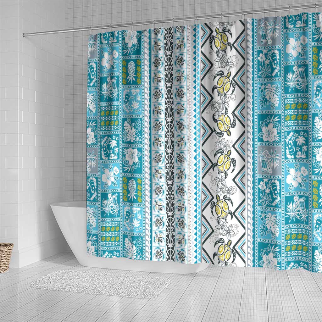 Hawaii Makahiki Turtle Shower Curtain Blue Tapa Pattern - Polynesian Pride