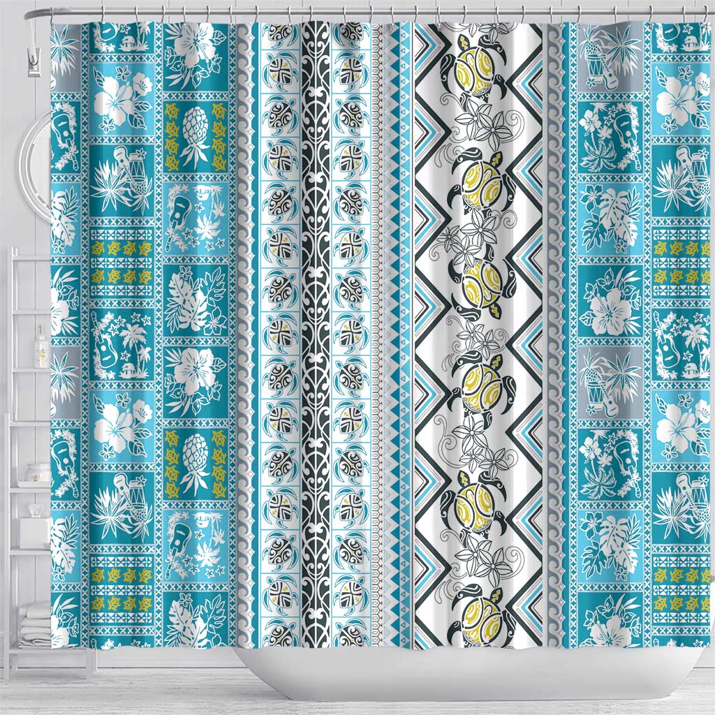 Hawaii Makahiki Turtle Shower Curtain Blue Tapa Pattern - Polynesian Pride