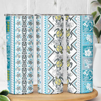 Hawaii Makahiki Turtle Skinny Tumbler Blue Tapa Pattern - Polynesian Pride