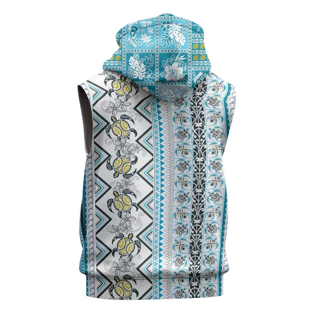 Hawaii Makahiki Turtle Sleeveless Hoodie Blue Tapa Pattern - Polynesian Pride