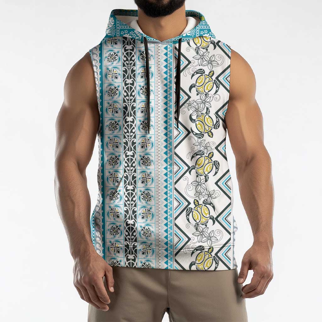 Hawaii Makahiki Turtle Sleeveless Hoodie Blue Tapa Pattern - Polynesian Pride