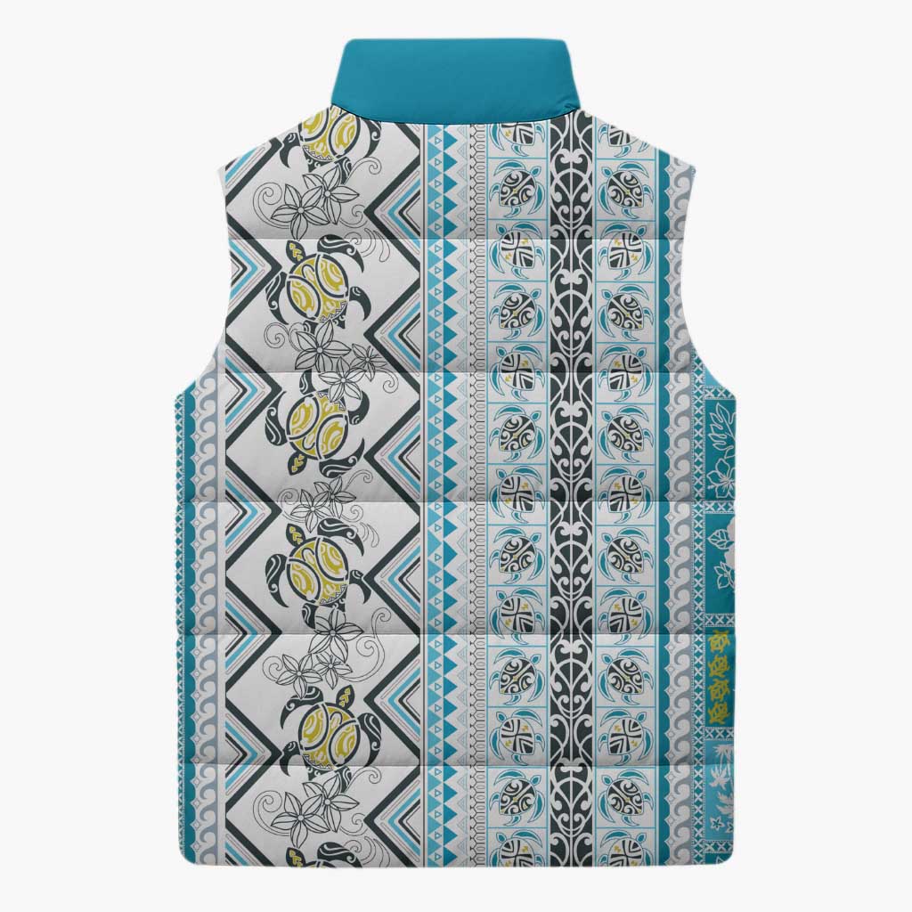 Hawaii Makahiki Turtle Sleeveless Puffer Jacket Blue Tapa Pattern - Polynesian Pride
