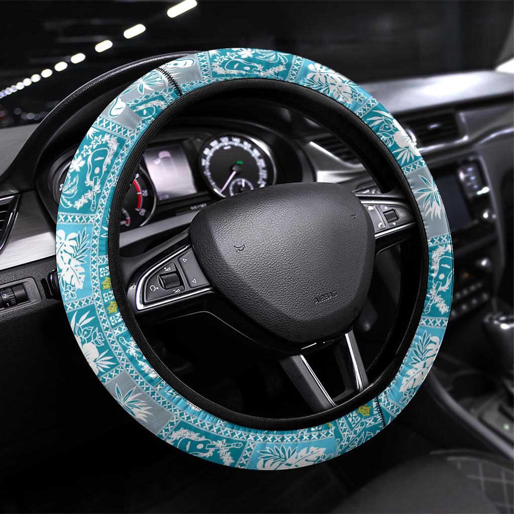 Hawaii Makahiki Turtle Steering Wheel Cover Blue Tapa Pattern - Polynesian Pride