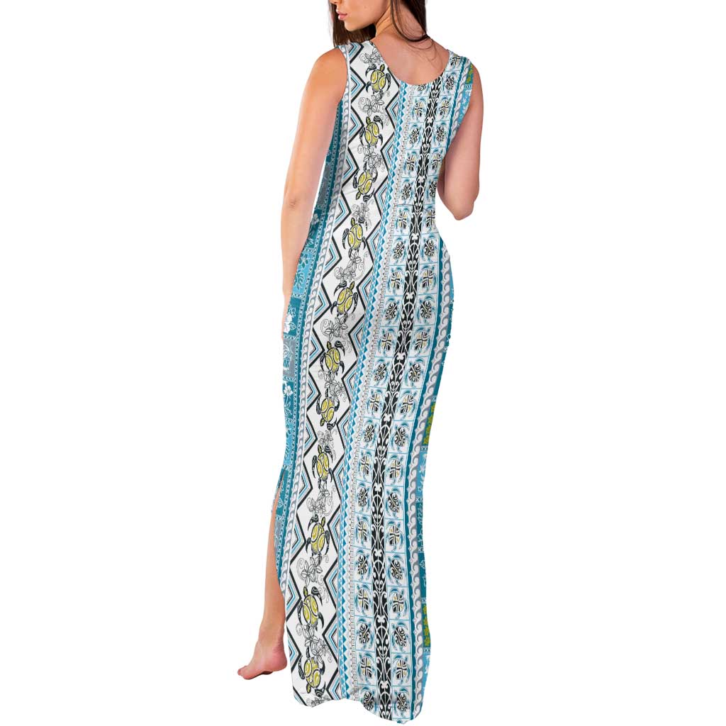 Hawaii Makahiki Turtle Tank Maxi Dress Blue Tapa Pattern - Polynesian Pride