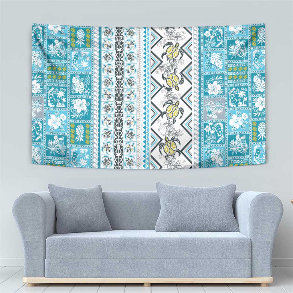 Hawaii Makahiki Turtle Tapestry Blue Tapa Pattern - Polynesian Pride