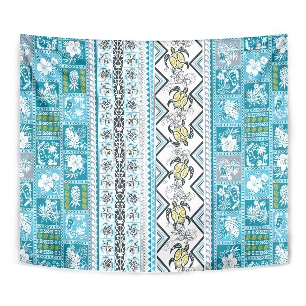 Hawaii Makahiki Turtle Tapestry Blue Tapa Pattern - Polynesian Pride