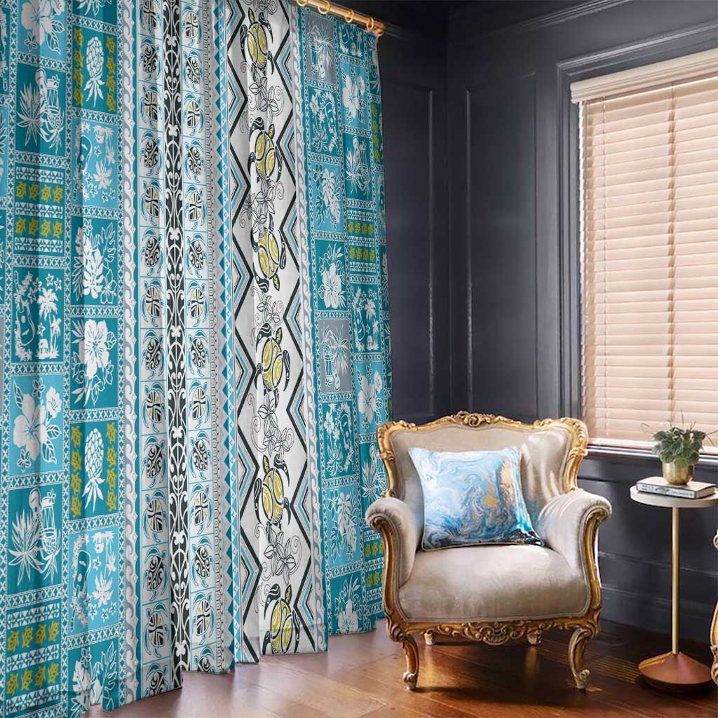 Hawaii Makahiki Turtle Window Curtain Blue Tapa Pattern - Polynesian Pride