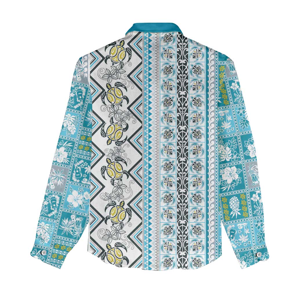Hawaii Makahiki Turtle Women Casual Shirt Blue Tapa Pattern - Polynesian Pride