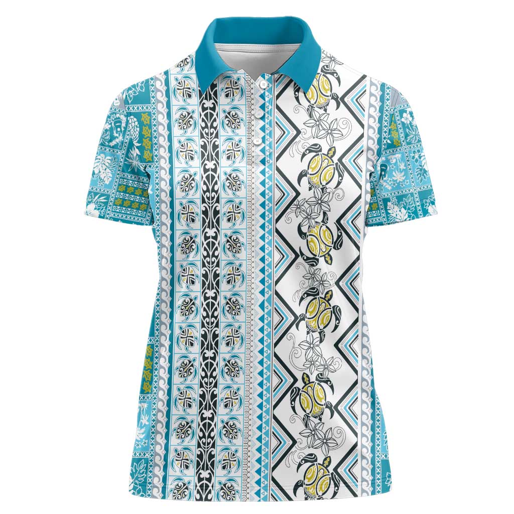 Hawaii Makahiki Turtle Women Polo Shirt Blue Tapa Pattern - Polynesian Pride