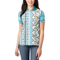 Hawaii Makahiki Turtle Women Polo Shirt Blue Tapa Pattern - Polynesian Pride